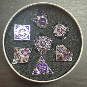 Purple Arrow Set of 7 Metal Polyhedral Dice with Chrome Numbers for D20 Based RPG’s