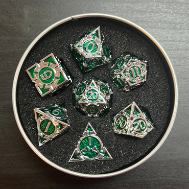 Green Arrow Set of 7 Metal Polyhedral Dice with Chrome Numbers for D20 Based RPG’s
