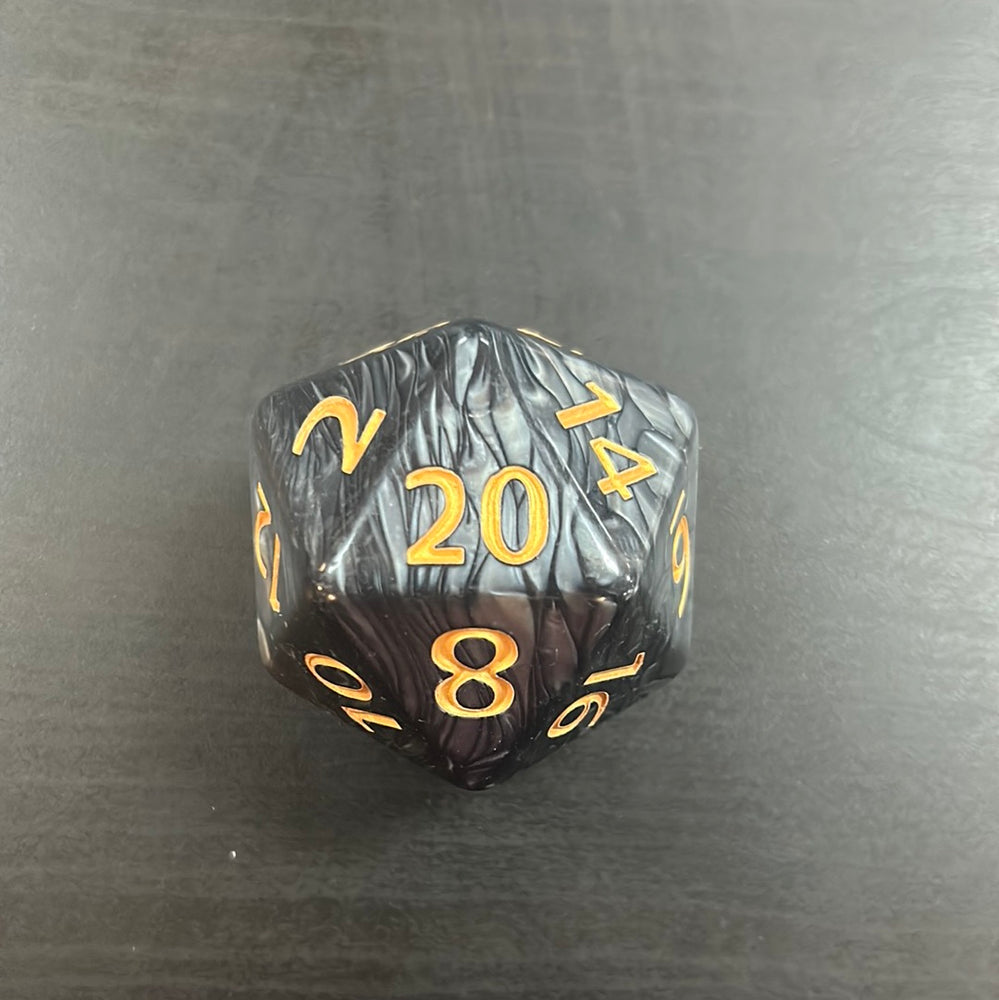 Single Big D20 Marbled Black with Gold Numbers