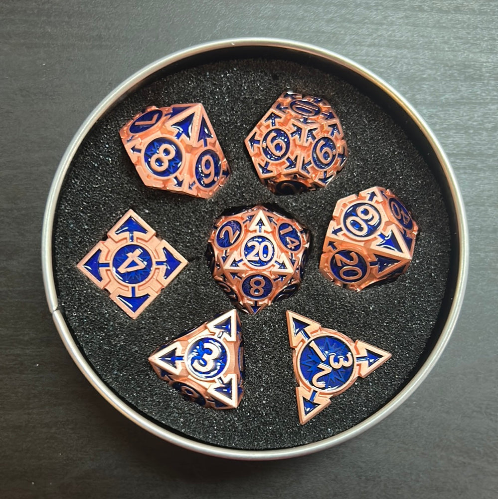Dark Blue Arrow Set of 7 Metal Polyhedral Dice with Copper Numbers for D20 Based RPG’s
