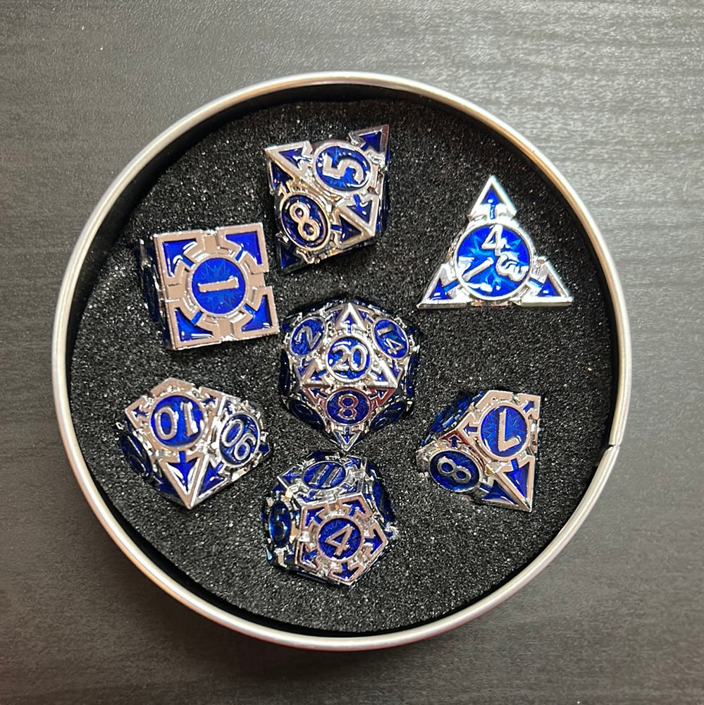 Dark Blue Arrow Set of 7 Metal Polyhedral Dice with Chrome Numbers for D20 Based RPG’s