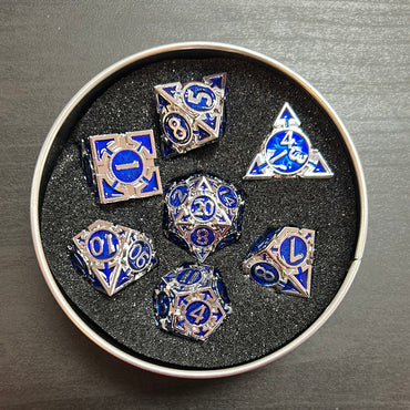 Dark Blue Arrow Set of 7 Metal Polyhedral Dice with Chrome Numbers for D20 Based RPG’s