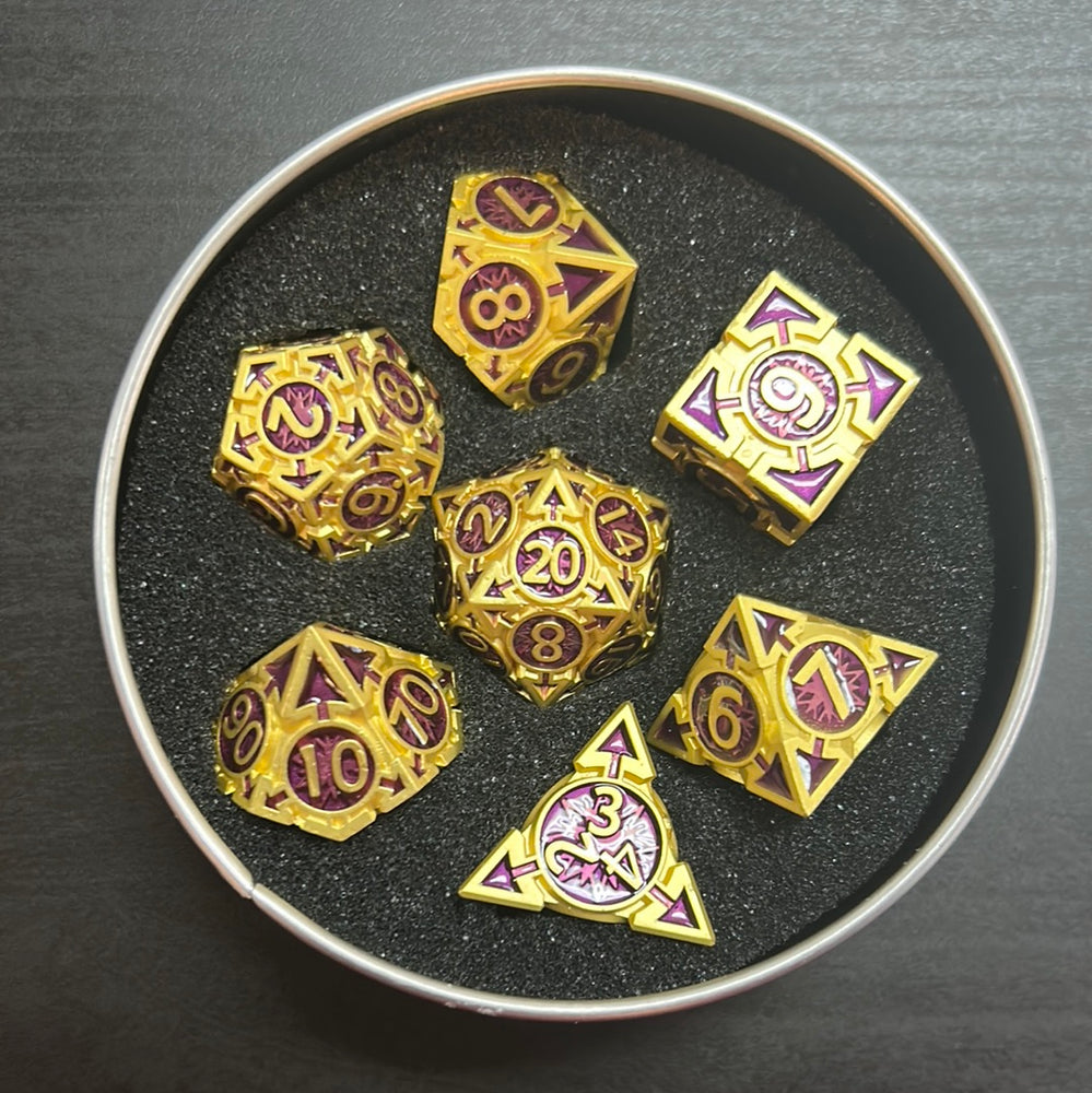 Purple Arrow Set of 7 Metal Polyhedral Dice with Gold Numbers for D20 Based RPG’s