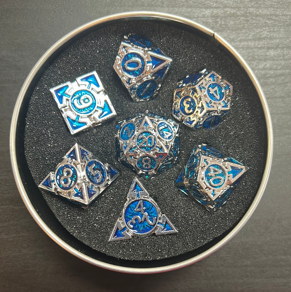 Light Blue Arrow Set of 7 Metal Polyhedral Dice with Chrome Numbers for D20 Based RPG’s