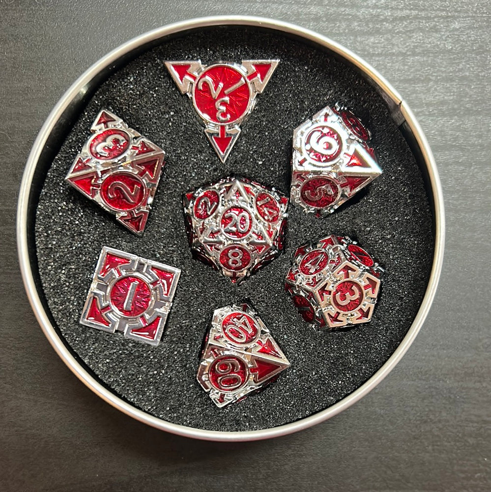 Red Arrow Set of 7 Metal Polyhedral Dice with Chrome Numbers for D20 Based RPG’s