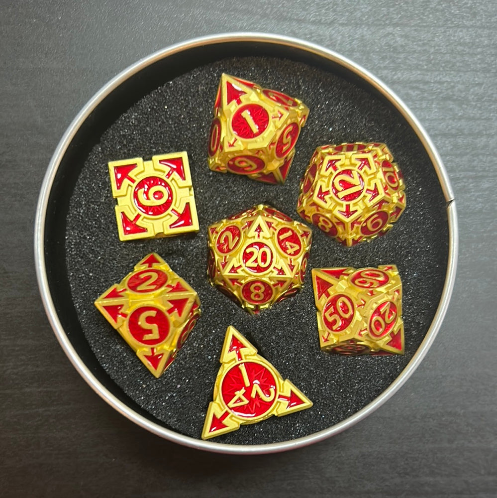 Red Arrow Set of 7 Metal Polyhedral Dice with Gold Numbers for D20 Based RPG’s