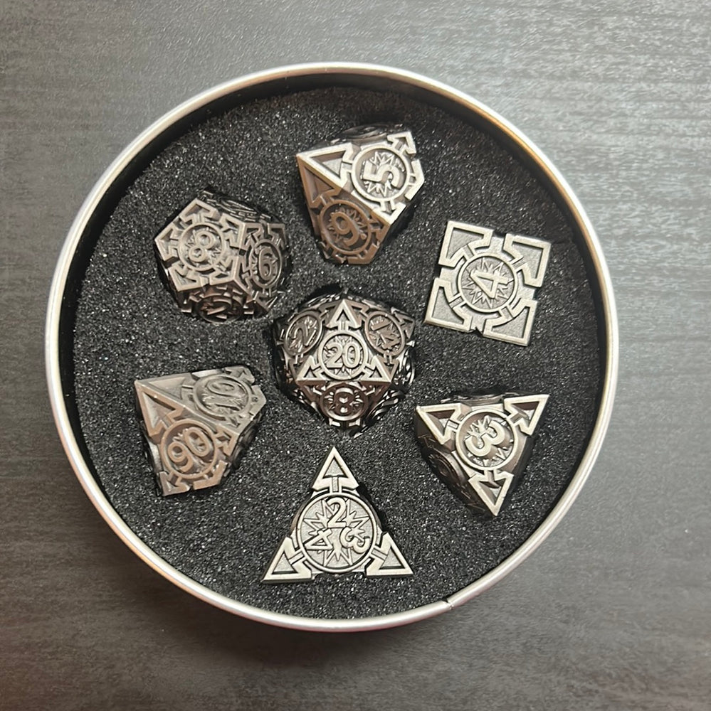 Silver Arrow Set of 7 Metal Polyhedral Dice with Silver Numbers for D20 Based RPG’s