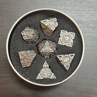 Silver Arrow Set of 7 Metal Polyhedral Dice with Silver Numbers for D20 Based RPG’s